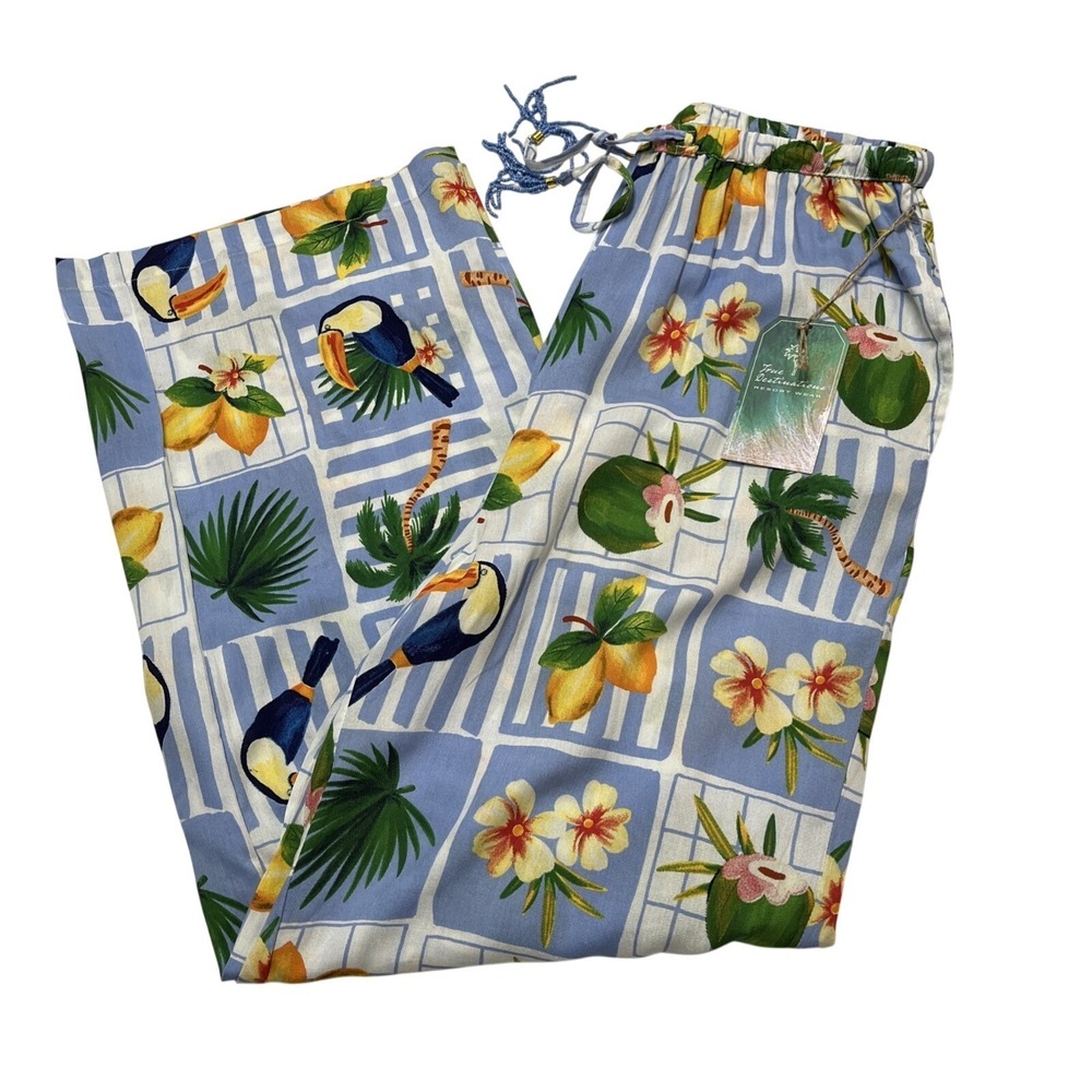True Destination Pants Blue Tropical Fruit Toucan Print Size M Pull‎ On Resort